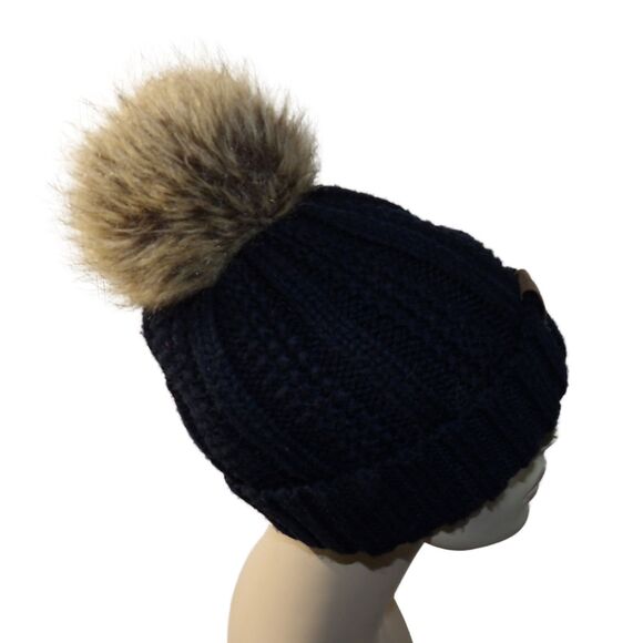 CC Women Black Thick Cable Knit Faux Fleece Lined Pompom Cuff Beanie‎ - Picture 2 of 4